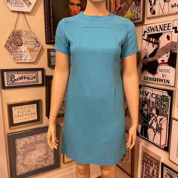 60s Vintage Mod Blue Scoop Neck Short Sleeve Woven Unlined Shift Dress Size 2X - Picture 2 of 6